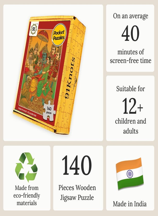 91Knots Rama’s Royal Court A5 Size 140 Pieces Wooden Jigsaw Puzzle Indian Art Theme Puzzle Travel Friendly for 5+ Kids and Adults Board Games Small Jigsaw Puzzle Birthday or New Year Gift - Image 3